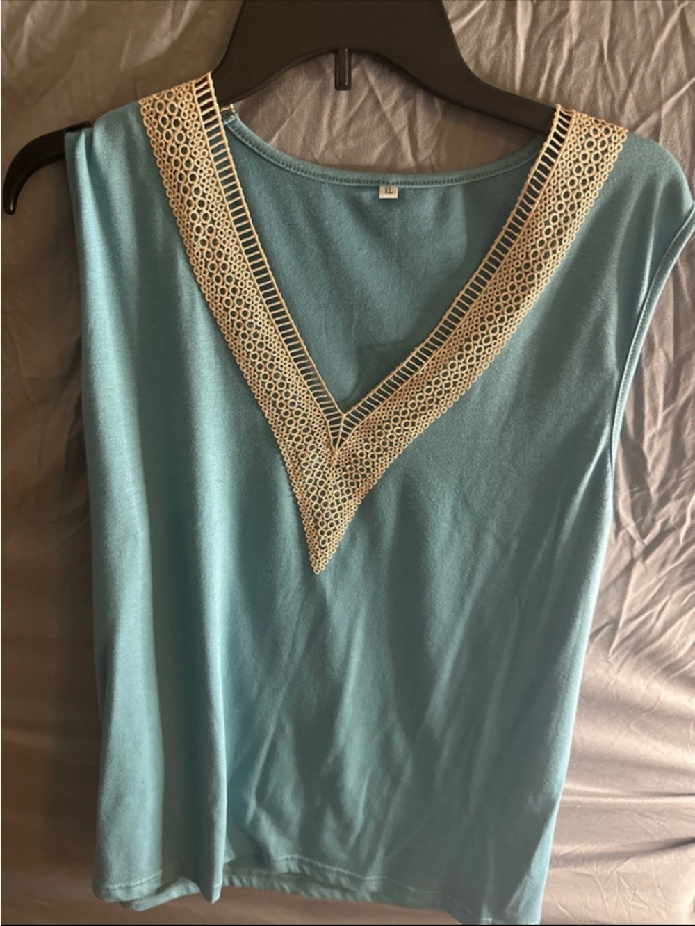 Sky Blue V‑Neck Tank Top with Cream Lace Trim